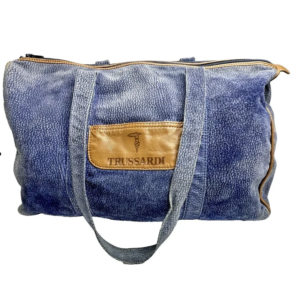 Vintage Trussardi Suede Boston Duffle Travel Carry On Gym Weekender Bag Italy